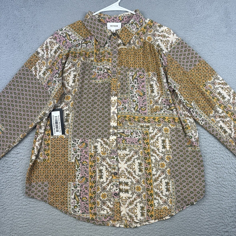 Heyson Shirt Womens Small Beige Yellow Bohemian Button Up Collar Blouse Casual